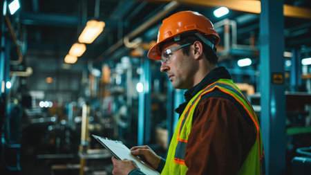 A focused industrial worker in a hard hat and safety glasses carefully reviews a checklist on a clipboard.  Ensuring quality control and safety in a bustling manufacturing plant.  The image depicts diligent workplace inspection and maintenance procedures within a modern industrial setting.の素材