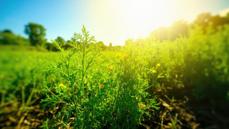 Vibrant wildflowers bloom in a sun-drenched meadow, showcasing a picturesque summer landscape.  Perfect for projects needing a bright, natural background image depicting springtime flora, botany, or rural scenery. Ideal for websites, brochures, and design projects.の素材
