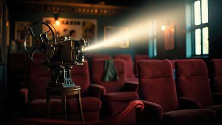 A nostalgic image of a vintage movie projector illuminating a dark, old cinema theater.  Rows of red seats are visible, creating a classic, atmospheric scene reminiscent of golden age Hollywood. Perfect for projects related to film, history, entertainment, or nostalgic themes.の素材
