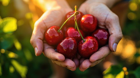 Close-up view of hands gently holding a handful of freshly picked, ripe red cherries.  Vibrant color and juicy texture are highlighted in this summer harvest image, perfect for illustrating concepts of healthy eating, organic produce, and the beauty of nature.の素材
