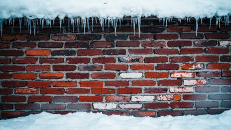 A textured backdrop of a red brick wall heavily coated in snow and glistening icicles.  Perfect for winter themes, cold weather concepts, or seasonal designs.  High-resolution image showcasing the intricate details of frost and ice formations on a weathered brick surface.の素材