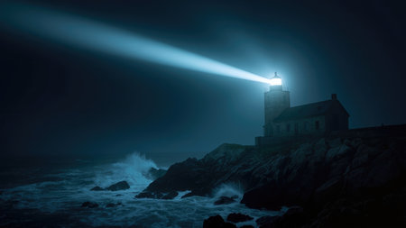 A dramatic seascape featuring a solitary lighthouse beam cutting through turbulent ocean waves on a dark, stormy night.  The powerful light offers a sense of hope and guidance amidst the rugged coastal cliffs.  Perfect for themes of navigation, safety, solitude, and the powerful forces of nature.の素材
