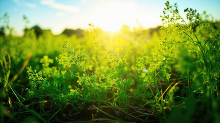 Lush green plants bathed in warm, golden sunlight.  Perfect for themes of growth, nature, spring, and healthy living.  High-resolution image ideal for websites, blogs, and publications needing a vibrant, natural backdrop.  Close-up detail showcases the texture and vibrancy of the foliage.の素材
