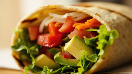 A vibrant and healthy veggie wrap perfect for a light lunch or snack.  Fresh avocado, tomato, and carrot are nestled in a whole-wheat tortilla with crisp lettuce.  Ideal for a vegetarian or vegan diet, this image showcases delicious, clean eating and is perfect for food blogs, restaurant menus, or health publications.の素材
