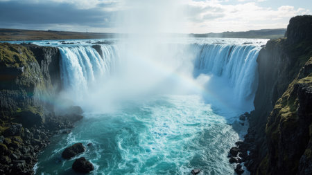 A majestic waterfall cascades down dramatic cliffs in a breathtaking Icelandic landscape.  Turquoise water plunges into a rocky river below, surrounded by mist and vibrant green scenery.  Perfect for travel, tourism, and nature-themed projects. This stunning daytime shot captures the raw power and beauty of the wilderness.の素材