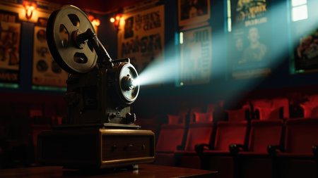 A vintage movie projector illuminates the screen in a retro cinema theater.  The warm, nostalgic atmosphere is captured in this evocative image, perfect for projects related to classic films, Hollywood's golden age, or the history of cinema.  Red seats and a dark interior create a sense of mystery and old-world charm.の素材