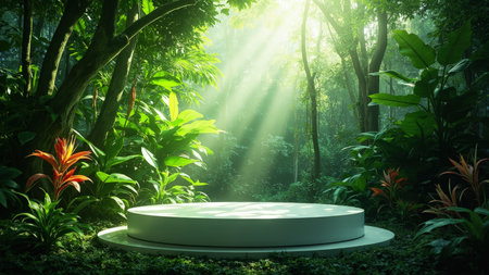 A vibrant 3D render showcases a lush forest podium display bathed in sunlight. This realistic scene features a round, empty stage surrounded by tropical plants and trees, creating a stunning backdrop for product presentation and advertising. The natural environment with green foliage and light beams offers a modern and contemporary feel. Ideal for product mockup designs, promotion, or showcase purposes, this image creates a fresh and exotic ambiance.の素材
