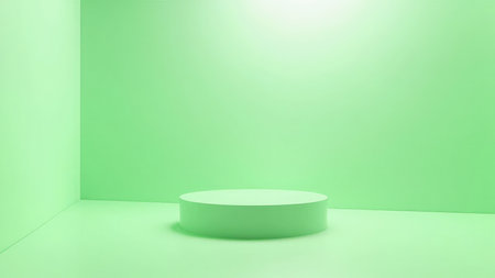 A minimalist, 3D rendered interior showcases a sleek green stage design. This image features a cylindrical podium on a platform, ideal for product presentation and display. The clean, pastel green backdrop and soft lighting create an elegant and inviting space. Perfect for product mockups, advertising campaigns, showroom promotions, and commercial design, this versatile image provides ample empty space for creative product placement. The minimalist aesthetic and geometric elements offer a modern and abstract template for various uses.の素材