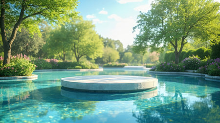 Capture the essence of tranquility with this stunning image showcasing a serene outdoor pond. A beautifully crafted stone platform sits nestled amongst lush greenery, reflecting in the crystal-clear water. Bathed in sunny sunlight under a vibrant blue sky, this idyllic landscape offers a sense of peaceful Zen. Perfect for product display, presentation backgrounds, or promoting spa and relaxation themes. This natural oasis is ideal for advertisement and promotion purposes, offering a beautiful and scenic backdrop.の素材
