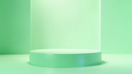 A minimalist 3D render presents an elegant product display podium stage in a soothing soft green hue. This 3D render showcases a clean and modern backdrop, ideal for product presentation, advertising, and branding. The empty platform offers ample space for your featured product, with its mint and pastel color palette contributing to a vibrant yet sophisticated aesthetic. Perfect for product mockups and showcase designs within the retail sector, this image offers a simple yet impactful visual for various advertisement needs.の素材