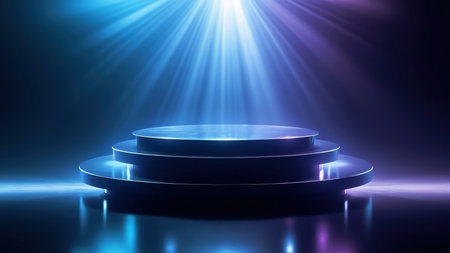 A sleek, modern 3D render showcases a three-tiered stage, ideal for product display. Bathed in vibrant blue and purple neon lights and spotlights, this illuminated platform offers a futuristic and elegant backdrop. The dark, minimalist design with reflective surfaces and blank space creates a clean and luxurious environment, perfect for marketing, advertising, and product promotion. Utilize this image for presentations, exhibitions, and showcasing award-winning products.の素材