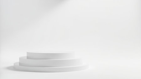 Clean, minimalist three-tiered white cylindrical platform, perfect for product showcasing or presentations.  Ideal for modern branding, website design, and marketing materials.  Empty, blank space provides a versatile backdrop for your creative projects.  High-resolution image suitable for various applications.の素材