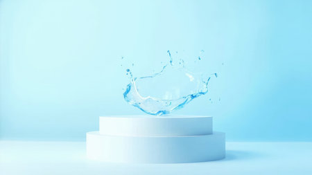 A pristine blue water splash cascades onto a minimalist white platform, creating a refreshing and dynamic scene. Ideal for showcasing beauty products, cosmetics, or healthcare items.  The clean, modern aesthetic and abstract design offer a versatile backdrop for various applications.の素材