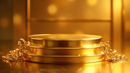 Elegant three-tiered gold display stand, perfect for showcasing luxury products.  Ideal for product photography, presentations, award ceremonies, or brand marketing.  Shiny metallic texture with bokeh lights and subtle reflections create a sophisticated, high-end aesthetic.  Mockup template for easy product placement.の素材