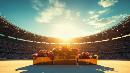A triumphant sunset illuminates a celebratory winners' podium at a major sporting event.  Gold medals gleam, flowers adorn the scene, and the athletes bask in the glow of their hard-earned victory.  Perfect for themes of achievement, success, and competition.の素材