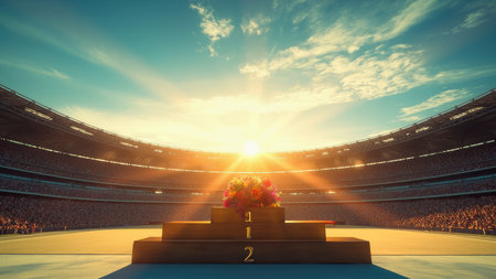 A triumphant athlete stands atop a winner's podium at sunset, bathed in the golden hour light.  The stadium background is filled with cheering spectators, celebrating the victory.  This image depicts achievement, success, and the thrill of competition. Perfect for sports, awards, and motivational themes.の素材