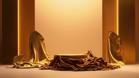 Elevate your product presentation with this elegant golden stage. Featuring luxurious silk drapes and a minimalist design, the platform creates a sophisticated backdrop for your product display. The rich, golden tones and smooth, draped fabric add a touch of class and refinement, perfect for advertising, promotion, and showcasing high-end goods. Utilize this stunning studio shot to captivate your audience and create a memorable exhibition or presentation.の素材
