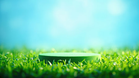 A vibrant green platform sits nestled in lush green grass under a clear blue sky, perfect for showcasing products in an eco-friendly and natural setting. Ideal for spring/summer advertising campaigns, product mockups, and presentations emphasizing sustainability and healthy living.  The image offers a clean, fresh aesthetic with natural daylight and soft bokeh.の素材