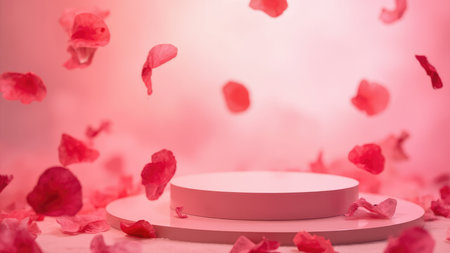 Elegant display stand adorned with falling pink rose petals, perfect for showcasing beauty products, cosmetics, or jewelry.  Ideal for romantic, feminine, or Valentine's Day themed projects.  Soft, pastel pink background creates a luxurious and delicate mood.  High-resolution mockup for product presentations.の素材