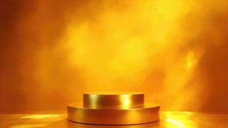 Elegant two-tiered golden display stand on a gold background. Ideal for showcasing products, presentations, or as a luxury mockup template.  Perfect for minimal designs requiring a premium, shiny, and elegant feel.  Circular platform provides a simple yet sophisticated presentation area.の素材
