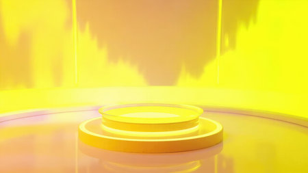 Clean, modern, minimalist product display platform.  A bright yellow circular podium on a vibrant, illuminated backdrop, perfect for showcasing products or branding. Ideal for advertising, marketing, and presentations.  Empty space provides ample room for your design.  High-quality studio lighting ensures a professional, eye-catching image.の素材