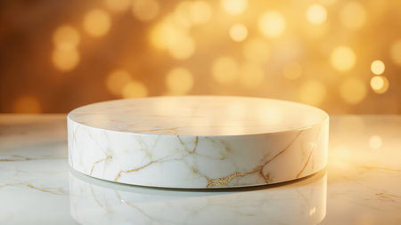 Showcase your products with this elegant, minimalist mockup.  A clean, round marble display stand is set against a shimmering gold bokeh background, perfect for luxury branding and premium product presentations.  Ideal for advertising, commercial use, and creating a sophisticated, modern aesthetic.  High-resolution image suitable for various design projects.の素材