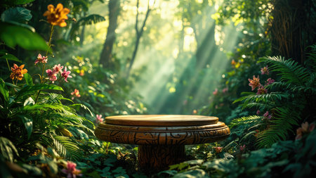 A mystical jungle setting bathed in sunlight, featuring a decorative wooden pedestal perfect for product placement. Lush greenery, vibrant orchids, and ferns create an enchanted atmosphere. Ideal as a backdrop for fantasy, beauty, or exotic product photography. Serene and peaceful, this image evokes a sense of calm and wonder.の素材