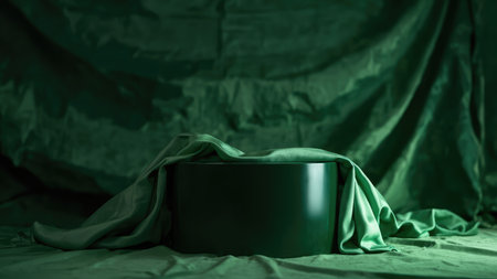 Elegant emerald green silk drapes form a luxurious backdrop, showcasing a cylindrical product display.  Perfect for high-end product photography, advertising, or branding campaigns. The dark, moody setting and smooth silk texture create a sophisticated and minimal presentation. Ideal for showcasing jewelry, cosmetics, or other luxury items.の素材