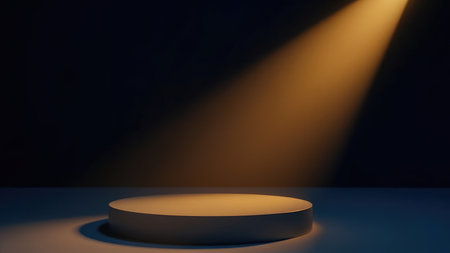 Clean, minimal 3D render of a round product display platform, illuminated by a dramatic spotlight against a dark background. Ideal for showcasing products in advertising, branding, and marketing materials.  Perfect as a mockup template for elegant product presentations.の素材