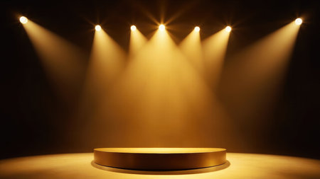 Dramatic golden spotlight illuminating an empty round stage, perfect for award ceremony, product launch, or theatrical presentations.  Ideal backdrop for showcasing winners, achievements, or luxury products.  Features a moody, elegant atmosphere with rich golden lighting and dark background.  High-resolution image suitable for various design projects.の素材
