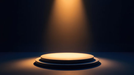 An elegant, minimalist illuminated stage platform set against a dramatic dark background, perfect for showcasing products, awards, or presentations.  Ideal for mockups, designs, and templates requiring a sophisticated, modern aesthetic.  The spotlight emphasizes the empty space, creating a sense of anticipation and luxury.の素材