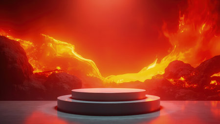 Dramatic 3D render of a fiery lava platform, ideal for showcasing products.  The intense, glowing magma creates a hellish yet captivating background perfect for presentations or mockups.  Use this abstract, high-impact design element to add a touch of fiery drama to your projects.の素材