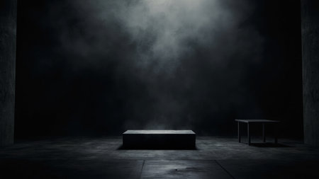 A dramatic, moody product display platform set against a dark, textured concrete room.  Perfect for showcasing minimalist products or creating a mysterious, industrial atmosphere in your photography or design projects.  The empty space and spotlight effect highlight your product, providing a high-impact backdrop.の素材