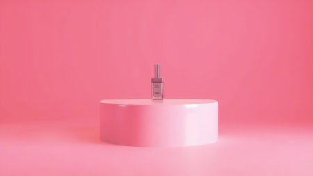 Elegant pink minimalist product display showcasing a serum bottle. Ideal for beauty, skincare, or cosmetic branding.  Clean, modern studio shot with a simple background, perfect for advertising and promotional materials.  High-resolution image, easily customizable.の素材
