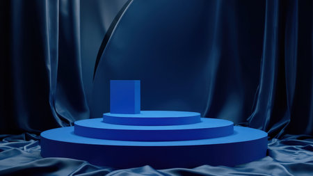 A sleek, modern 3D render of an elegant blue product display platform.  Perfect for showcasing luxury goods, cosmetics, or high-end products.  Minimalist design with soft silk drapes creates a sophisticated and visually appealing backdrop for marketing and advertising campaigns. Ideal for websites, brochures, and social media.の素材