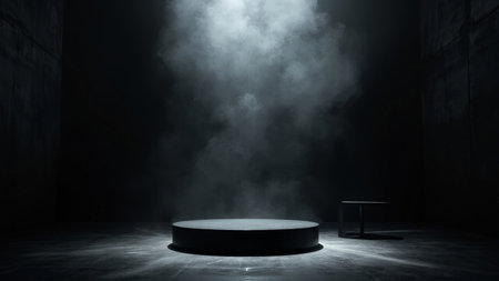 A sleek, dark grey concrete pedestal provides a minimalist, moody backdrop for product photography or advertisement. Ideal for showcasing products with dramatic lighting and a modern, industrial aesthetic. Perfect for showcasing beauty, tech, or luxury items.  Empty and ready for your product placement.の素材