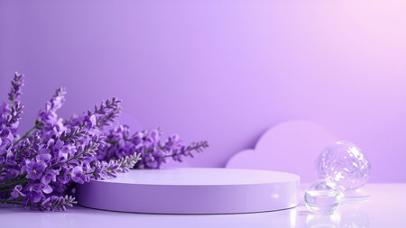 Elegant lavender flowers arranged on a minimalist purple platform, perfect for showcasing beauty products, cosmetics, or spa treatments.  The clean, pastel background creates a serene and calming atmosphere, ideal for wellness-related branding and mockups.  Includes glass orbs for added visual interest.の素材