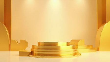 A sleek, 3D-rendered gold geometric product display stand, perfect for showcasing luxury goods.  This minimal and modern mockup provides an elegant backdrop for branding and marketing presentations. Ideal for advertising campaigns, websites, and commercial projects.  The shiny metallic gold finish adds a touch of sophistication.の素材
