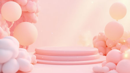 Dreamy pastel pink balloon and cloud backdrop ideal for showcasing products.  Perfect for feminine brands,  baby showers, birthdays, or spring/summer promotions.  Use as a 3D render mockup for advertising or website design.  Soft, airy, and textured, this template offers a gentle and romantic presentation.の素材
