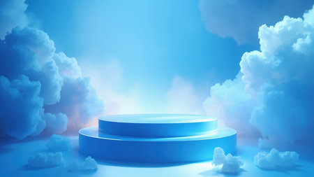 Clean, minimalist 3D render of a floating platform against a serene blue sky backdrop. Ideal for showcasing products, branding, or advertising campaigns.  Soft, fluffy clouds create a dreamy, ethereal atmosphere, perfect for presenting delicate or luxurious items.  Airy and peaceful, this image evokes calmness and serenity.の素材