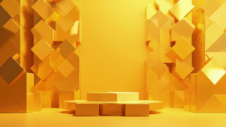 Elegant 3D rendered abstract gold geometric background perfect for showcasing products.  Features a minimalist, modern design with clean lines and a luxurious feel. Ideal for product displays, mockups, presentations, branding, and advertising campaigns.  High-resolution image suitable for commercial use.の素材