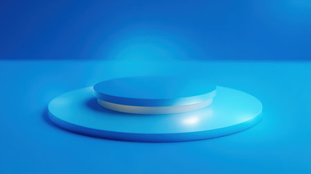 Clean, modern 3D render of a vibrant blue circular platform, ideal for minimalist product displays.  Perfect as a backdrop for showcasing your products in a simple, elegant, and professional setting.  This abstract geometric design offers a clean and bright presentation template.の素材