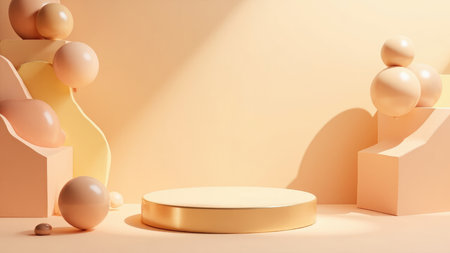 Elevate your product presentation with this elegant 3D rendered scene. A golden podium is set against a pastel beige backdrop, accented by smooth, glossy geometric shapes, including spheres and circles. This minimal and modern design, bathed in soft sunlight and shadows, provides the perfect stage for showcasing cosmetics, art, or any product. Ideal for advertising, mock-ups, and digital art applications, this image offers a creative platform for your brand.の素材