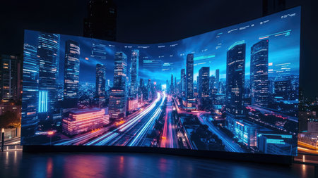 Vibrant cityscape at night, digitally displayed. Futuristic skyscrapers, glowing neon lights, and busy highways create a dynamic, modern metropolis.  This image conveys technological advancement, innovation, and the energy of a smart city. Ideal for presentations on technology, urban planning, or future concepts.の素材