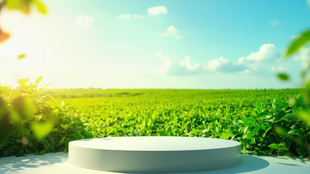 Showcase your product with this eye-catching image of a pristine white podium set in a vibrant green field under a brilliant blue sky. Perfect for product display, this mockup offers a natural and clean background for advertising and promotional materials. Its sunny and serene atmosphere evokes feelings of wellness and growth, making it ideal for marketing campaigns promoting eco-friendly or healthy lifestyle products. Utilize this image to create compelling advertisements with ample copy space.の素材
