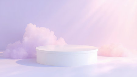 Clean, minimalist mockup featuring a white round podium set against a dreamy pastel cloud background. Ideal for product displays, presentations, branding, and cosmetic advertising.  Perfect for showcasing beauty products or other delicate items.  Ethereal and airy aesthetic.の素材