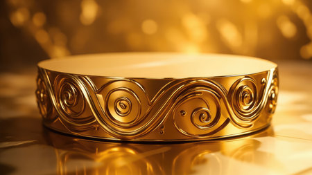Showcase your product on this elegant, gold ornate round pedestal.  Perfect for luxury product displays, award presentations, or as a decorative element.  The intricate swirls and shiny metallic texture create a premium, high-end aesthetic. Ideal for mockups and templates.  A captivating background for impactful visuals.の素材