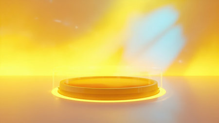 Clean, minimal 3D render of a golden circular platform on a vibrant yellow background, perfect for showcasing products. Ideal for advertising, branding, and marketing campaigns.  This elegant, empty stage provides a modern and bright backdrop for product photography.  Studio lighting creates a subtle glow, highlighting the product.の素材