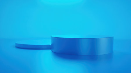 Clean, minimalist 3D render of a blue cylindrical product display platform, ideal for showcasing your product.  Perfect for advertising, marketing materials, or website mockups.  Modern, abstract design with a simple, clean backdrop.  High-resolution image suitable for various applications.の素材