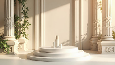 Luxurious skincare products are showcased on a pristine white circular platform, bathed in soft sunlight.  The minimalist aesthetic, accented by green leaves, highlights the elegant packaging and creates a sophisticated brand image perfect for advertising or marketing materials. Ideal for beauty blogs, websites, and social media.の素材